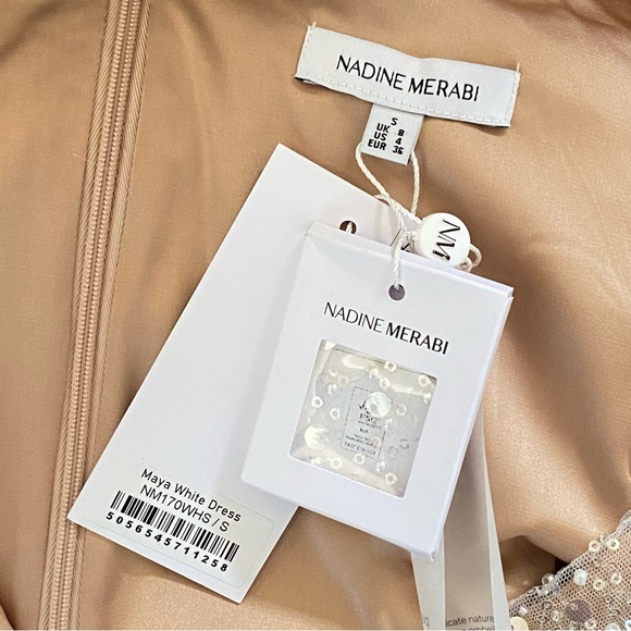 NADINE MERABI WHITE SILVER SEQUIN BEADED BALLOON LONG SLEEVE v-neck MAYA DRESS - Picture 13 of 14